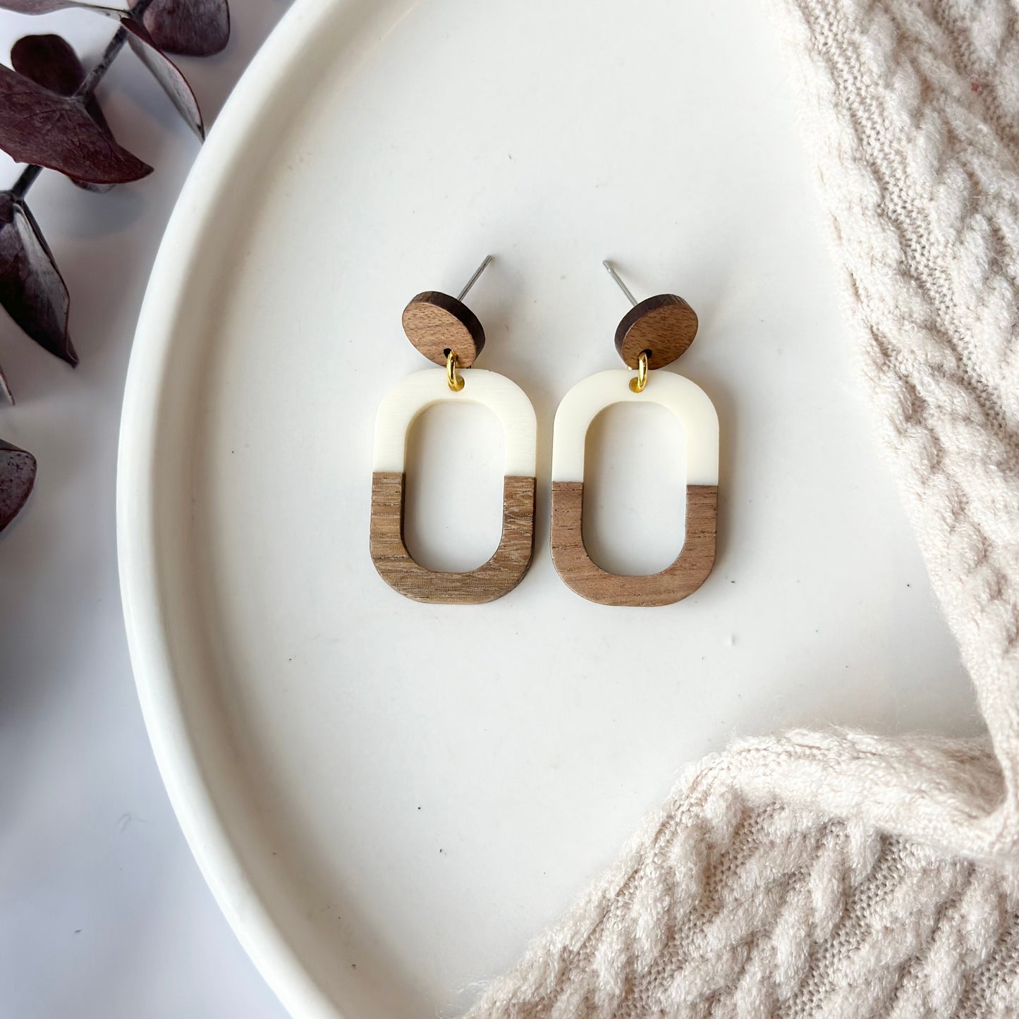 White Oval Resin + Wood Stud Earrings