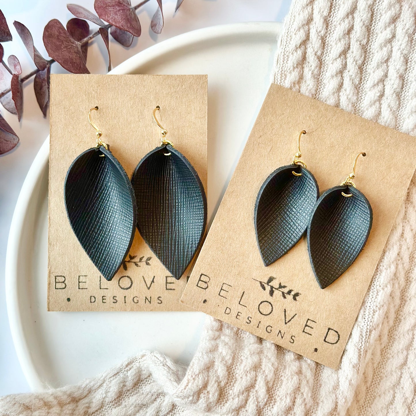 Black Textured Leather Folded Leaf Earrings - Large