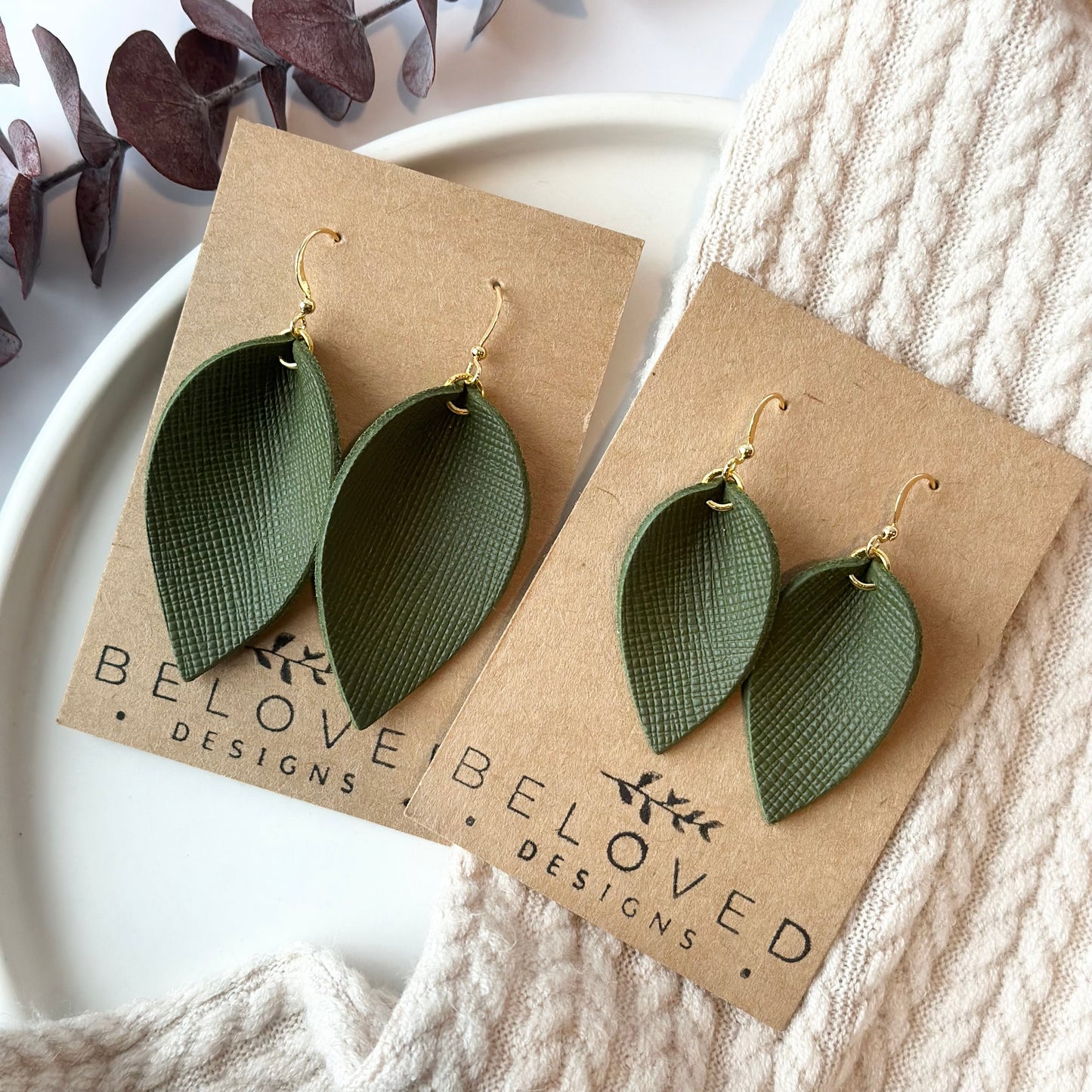 Olive Textured Leather Folded Leaf Earrings - Large