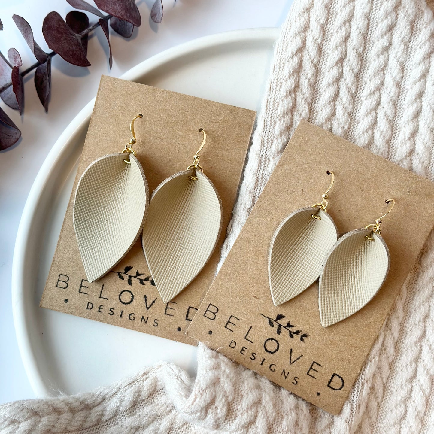 Beige Textured Leather Folded Leaf Earrings - Large