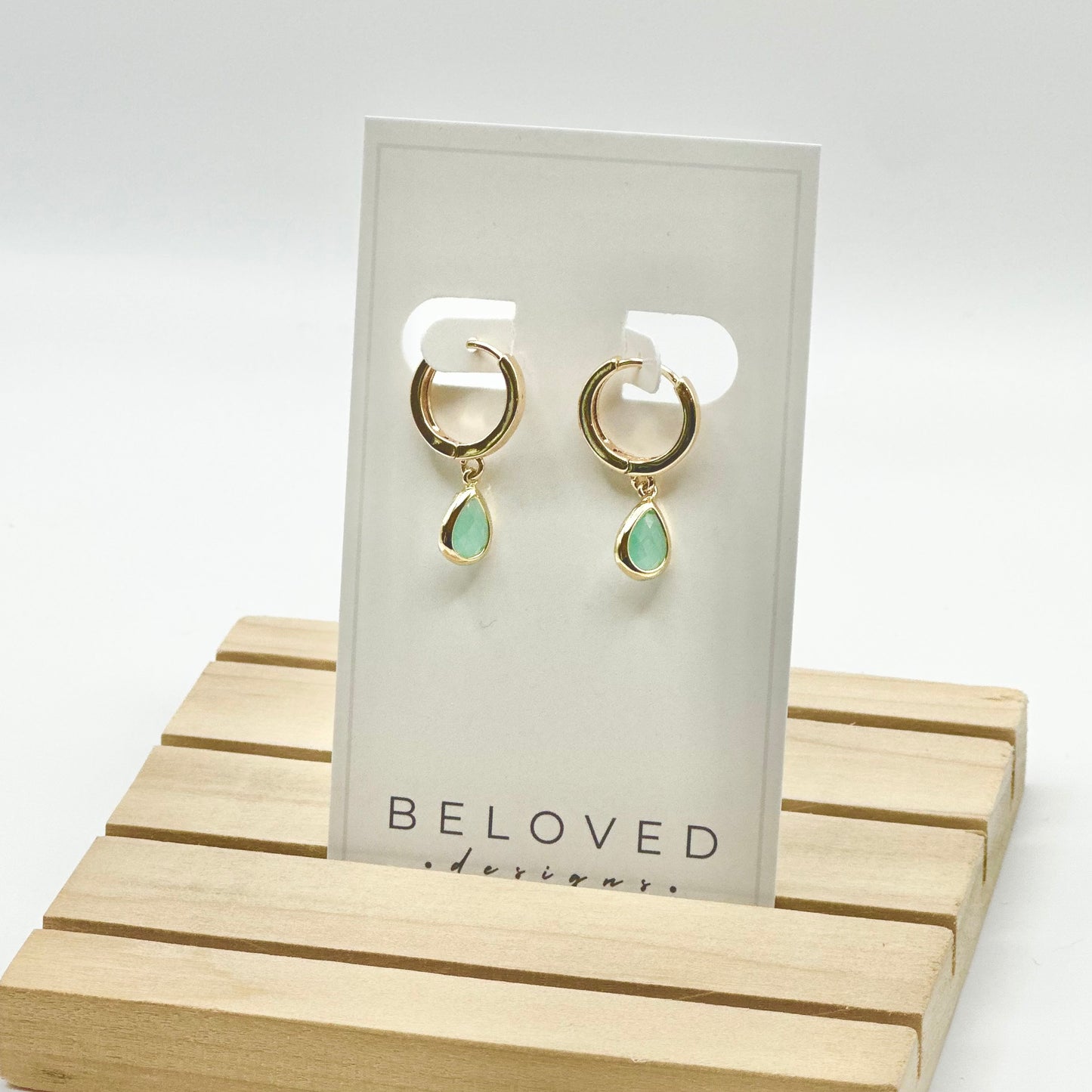 Gold Huggie + Mint Green Teardrop Earrings