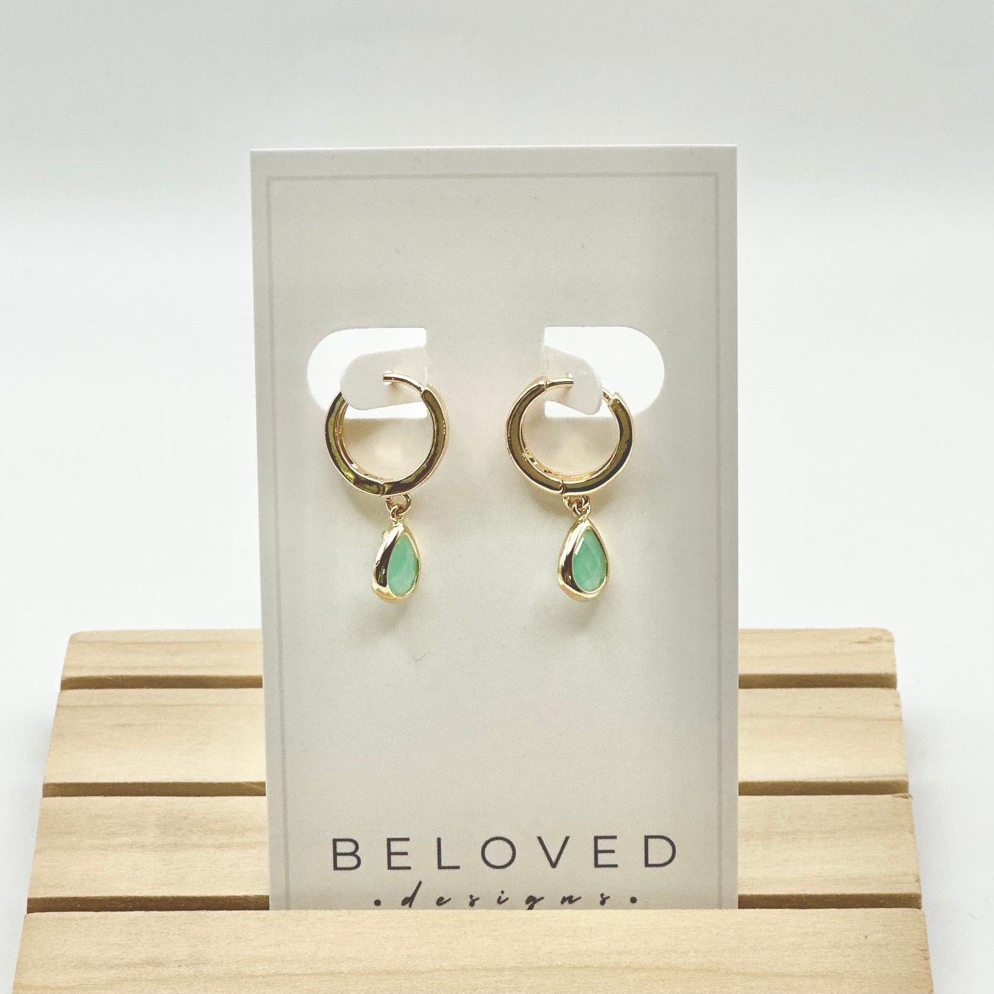 Gold Huggie + Mint Green Teardrop Earrings