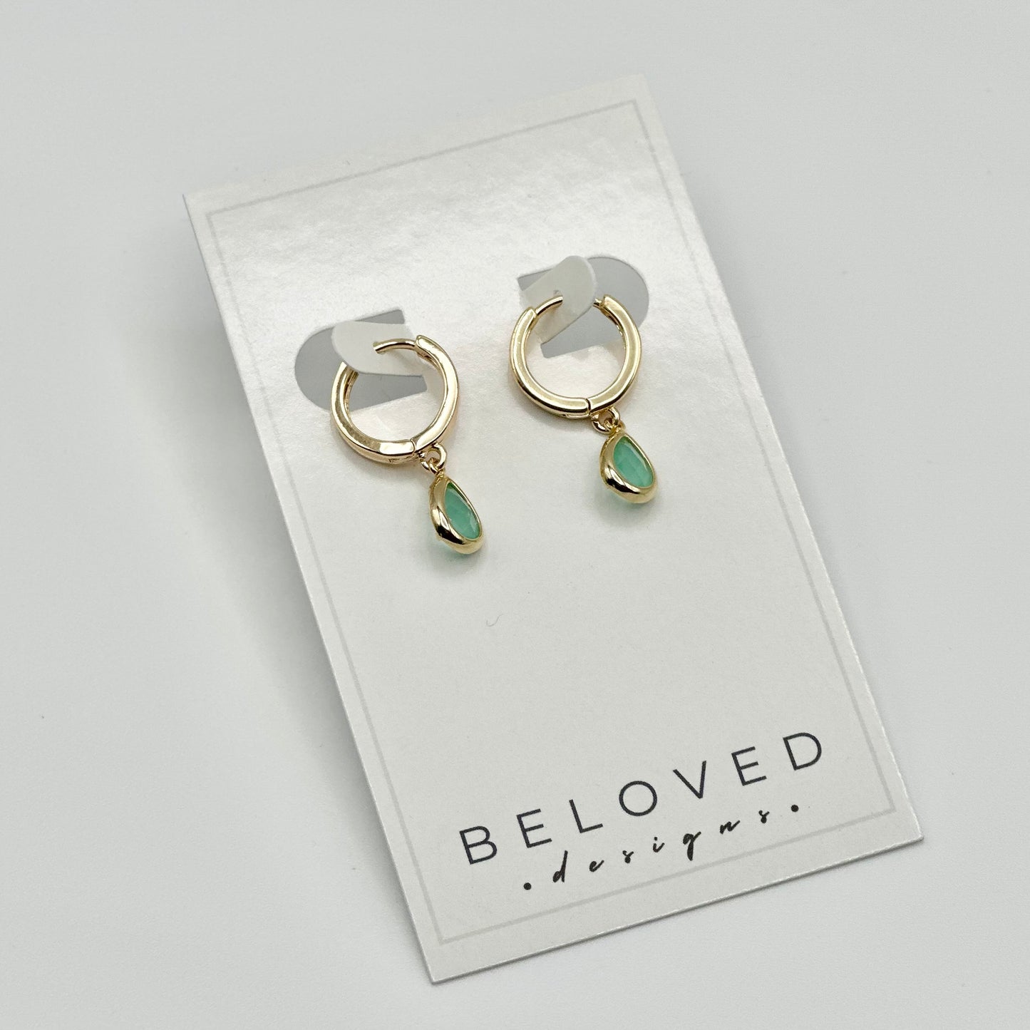 Gold Huggie + Mint Green Teardrop Earrings