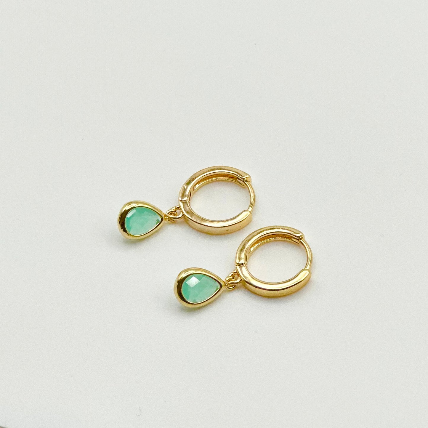 Gold Huggie + Mint Green Teardrop Earrings