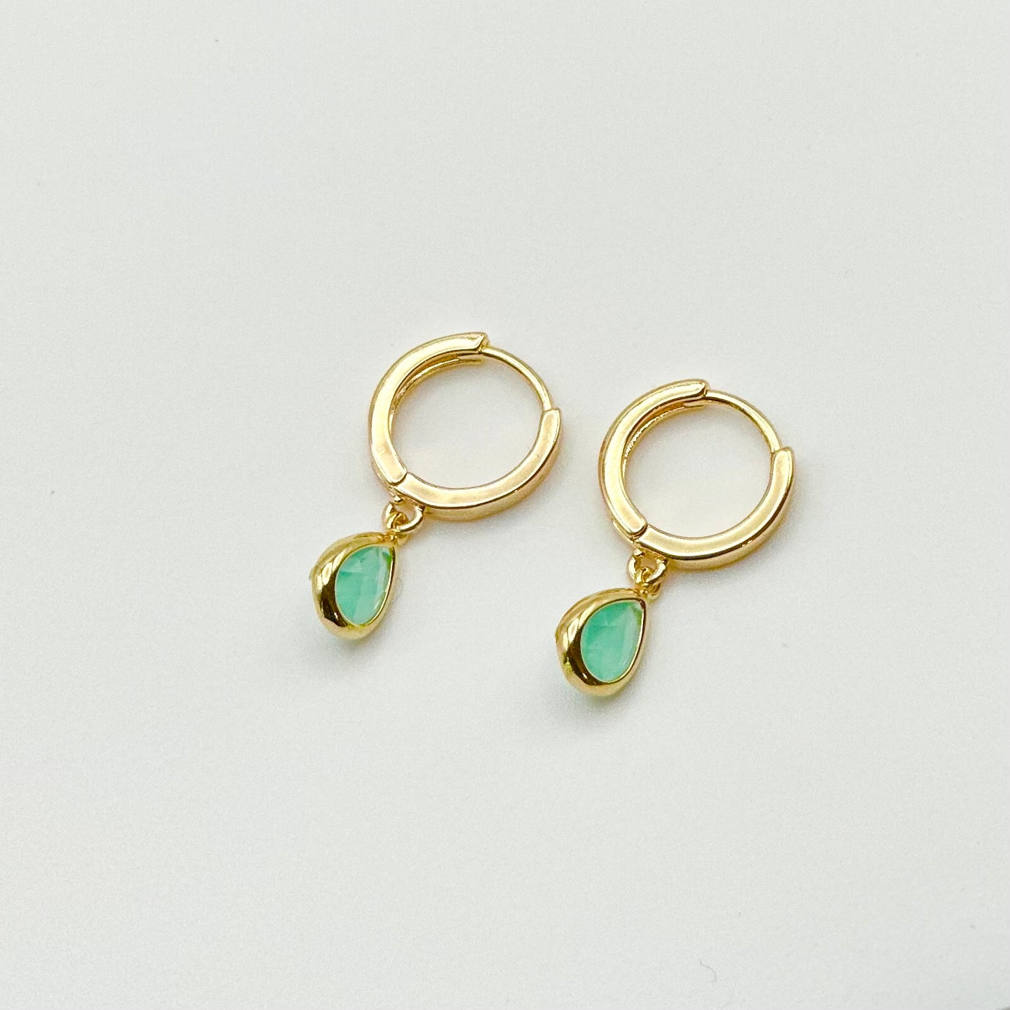 Gold Huggie + Mint Green Teardrop Earrings