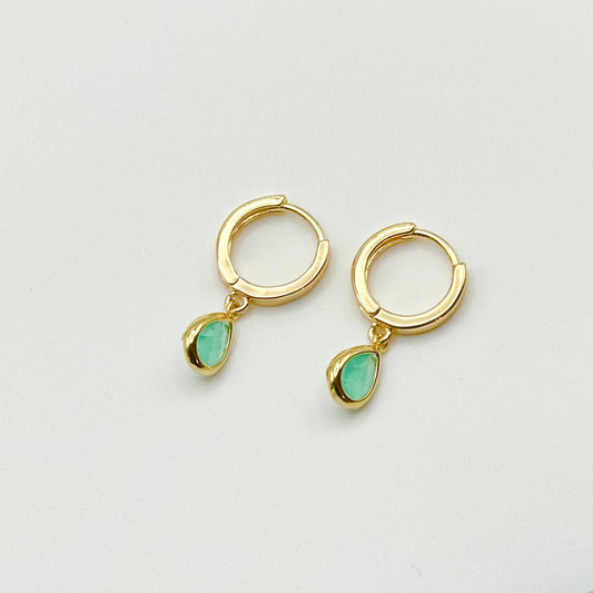 Gold Huggie + Mint Green Teardrop Earrings