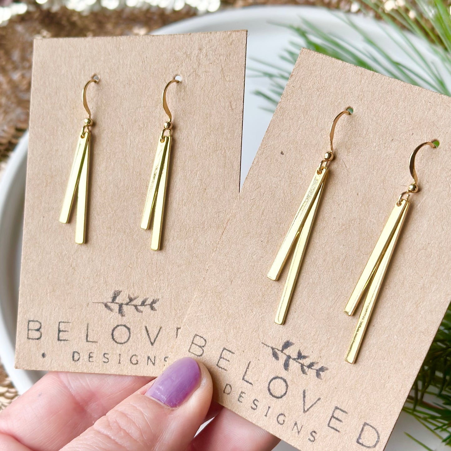 Gold Plated Double Bar Earrings - Long