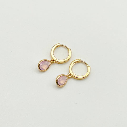 Gold Huggie + Dusty Pink Teardrop Earrings