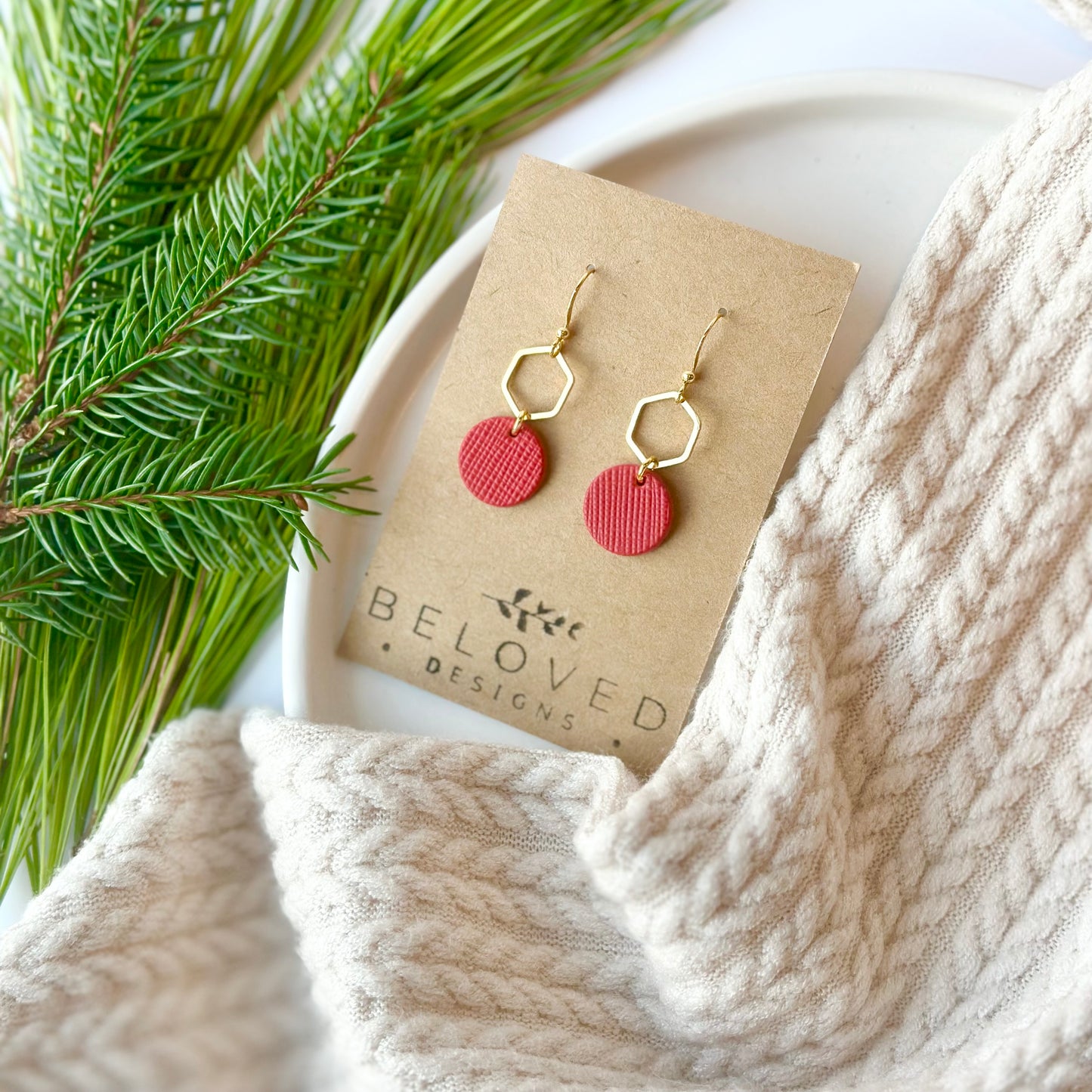 Cherry Red Textured Leather + Petite Gold Hexagon Earrings