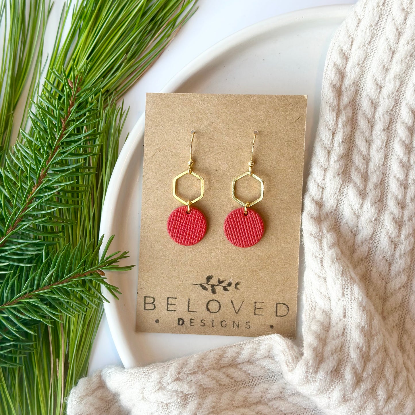 Cherry Red Textured Leather + Petite Gold Hexagon Earrings