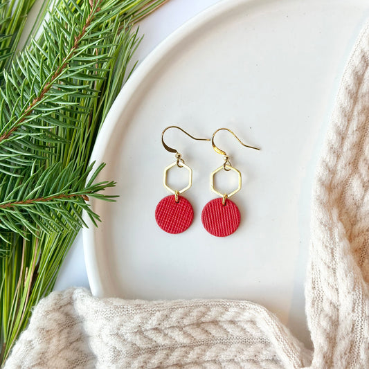 Cherry Red Textured Leather + Petite Gold Hexagon Earrings