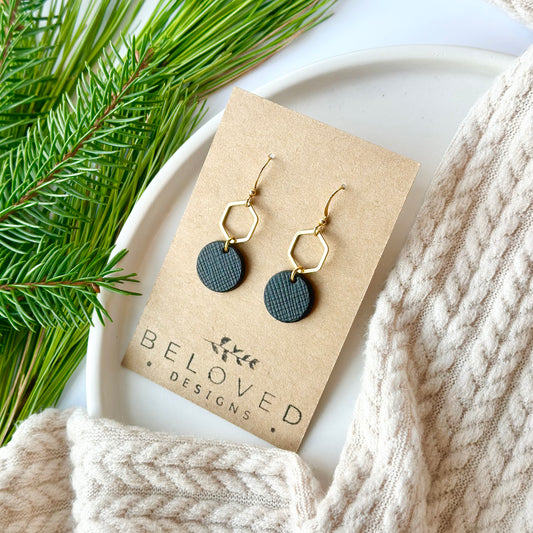 Black Textured Leather + Petite Gold Hexagon Earrings