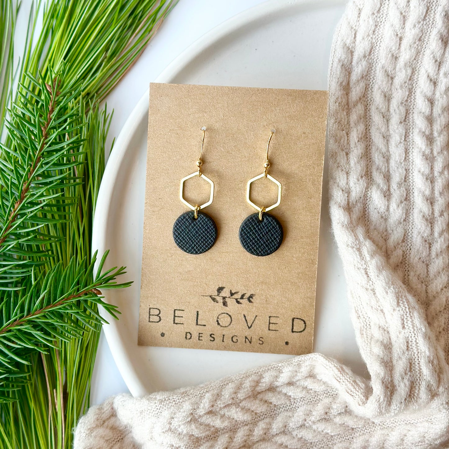 Black Textured Leather + Petite Gold Hexagon Earrings