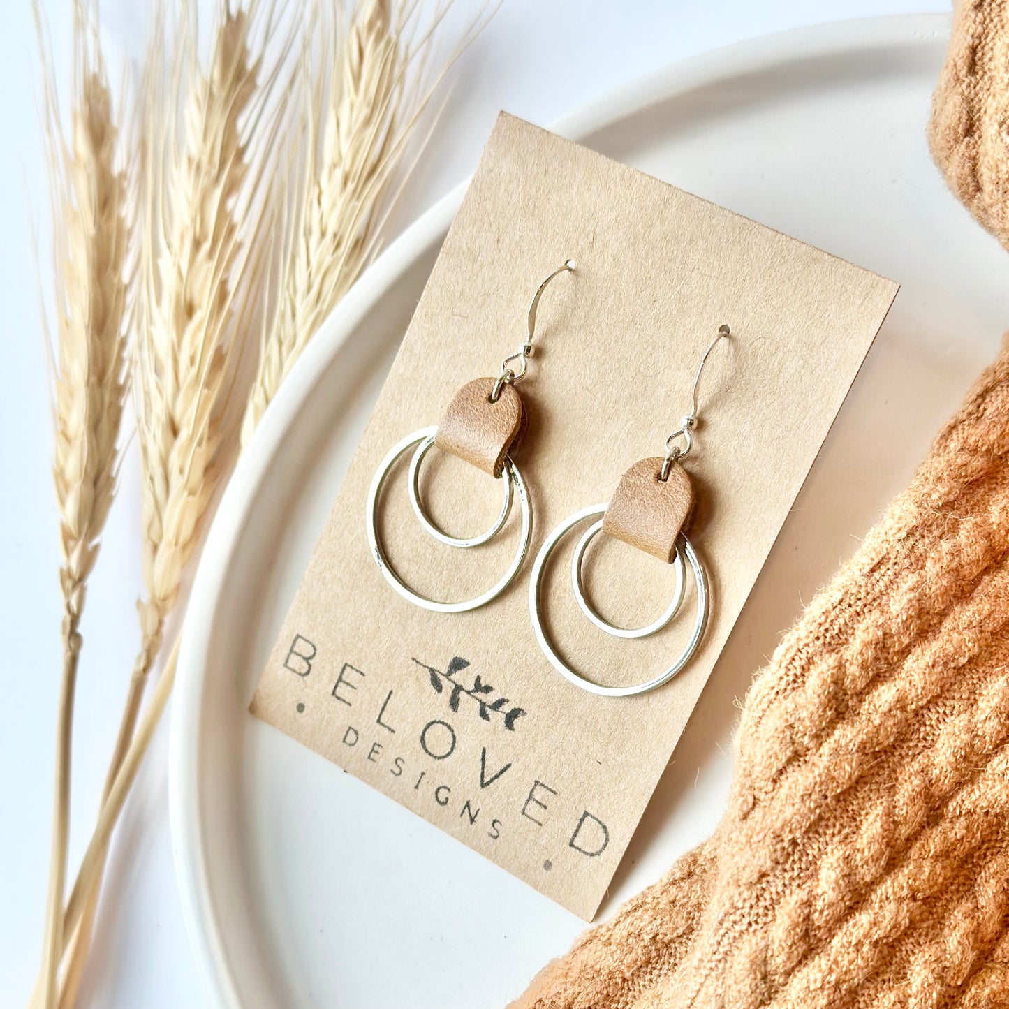 Camel Leather + Double Rhodium Hoop Earrings - Medium