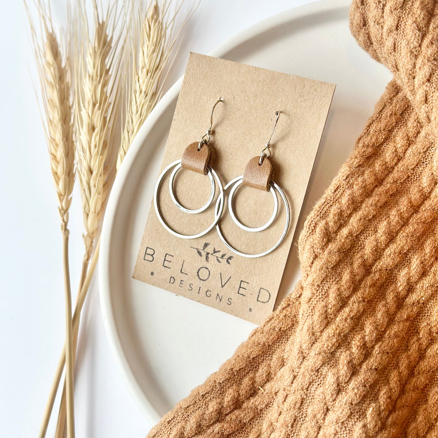 Camel Leather + Double Rhodium Hoop Earrings - Large