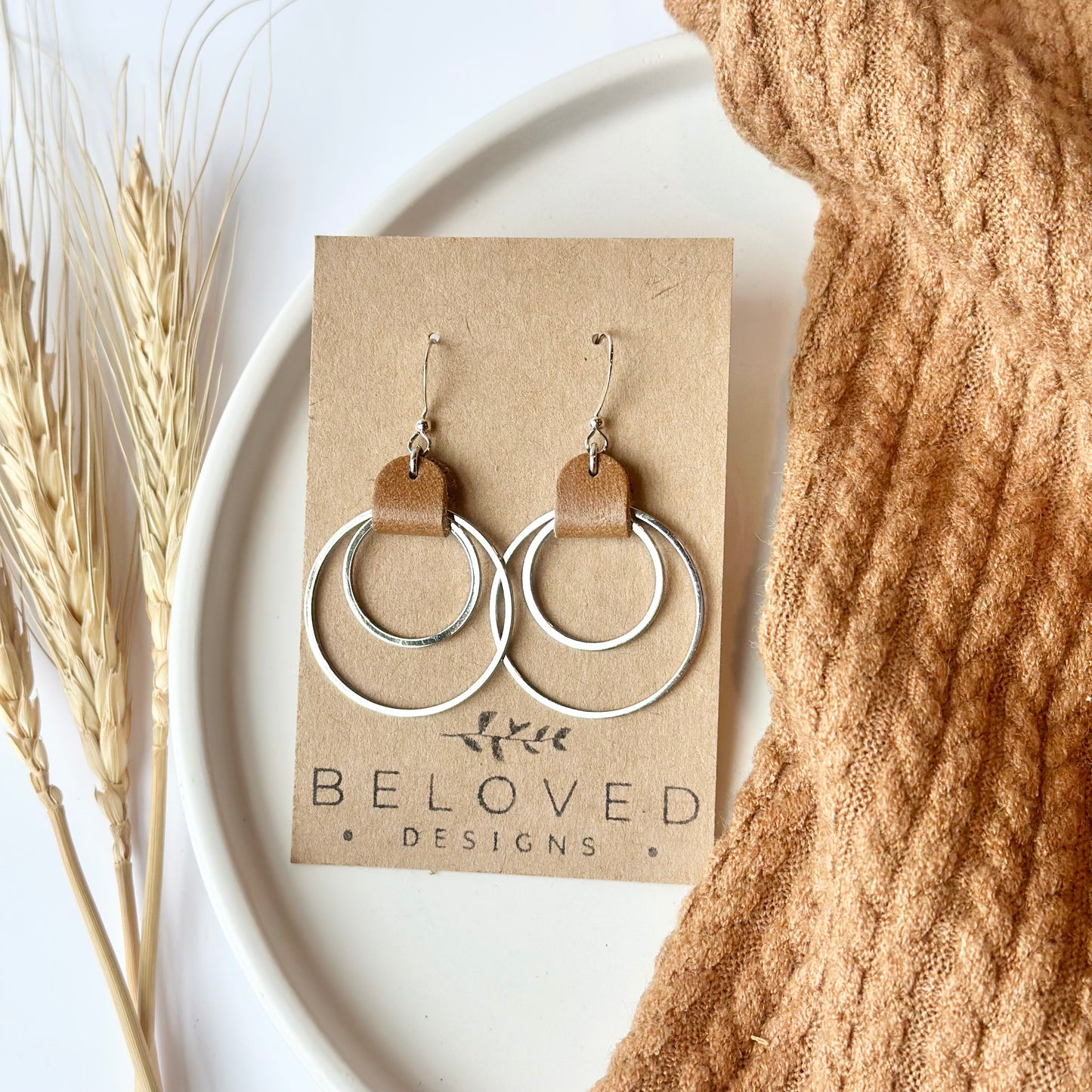 Camel Leather + Double Rhodium Hoop Earrings - Large