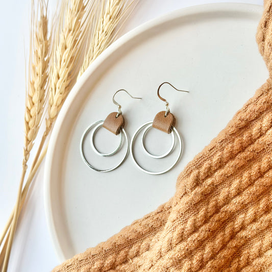 Camel Leather + Double Rhodium Hoop Earrings - Large