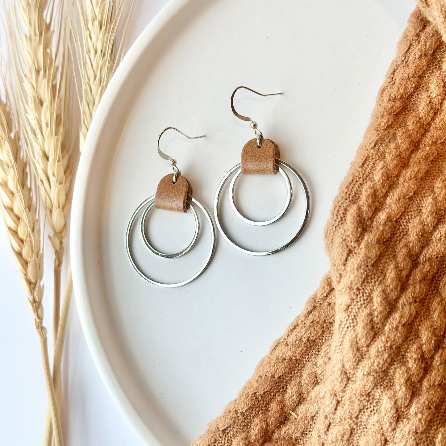 Camel Leather + Double Rhodium Hoop Earrings - Large