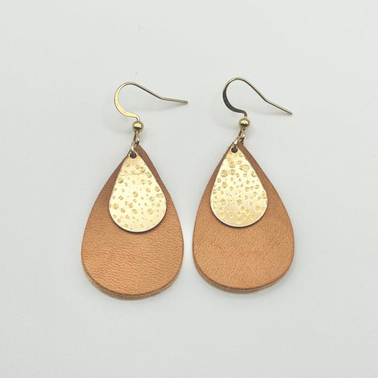 Leather Teardrop + Hammered Brass Earrings | Natural