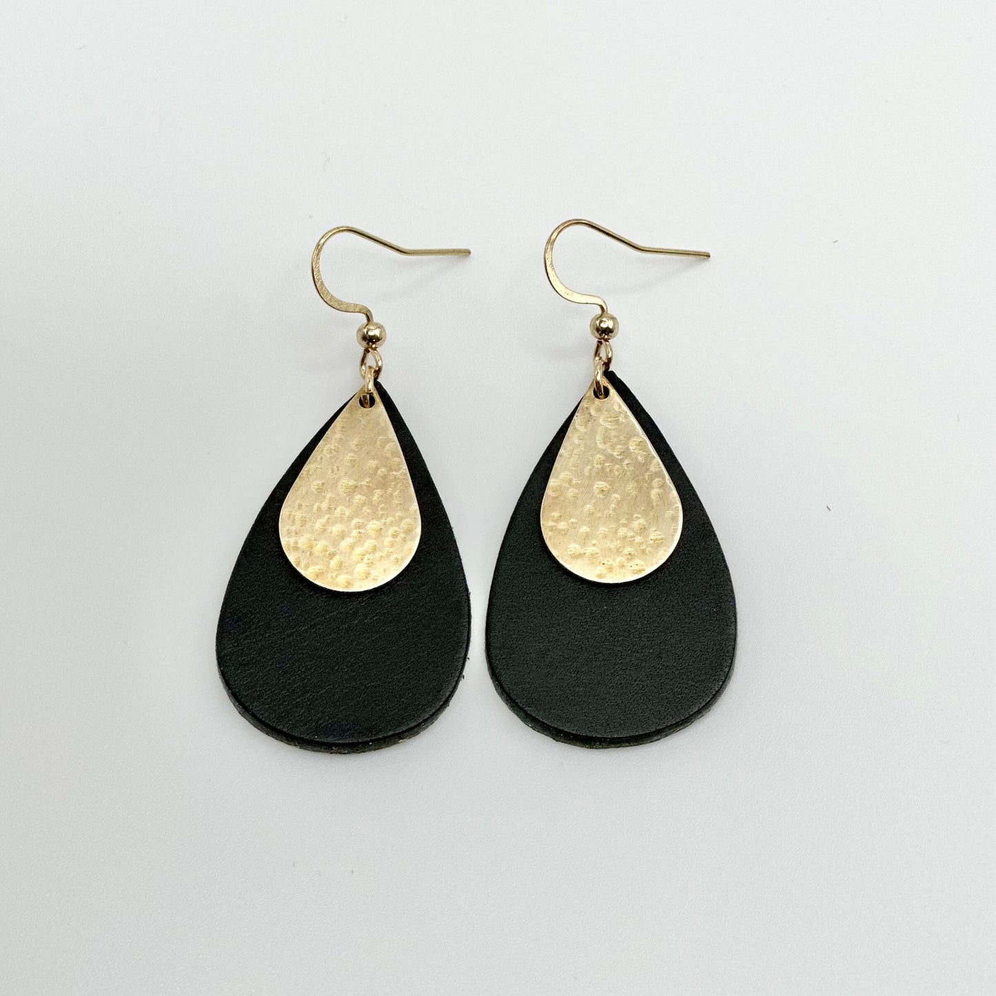 Leather Teardrop + Hammered Brass Earrings | Black