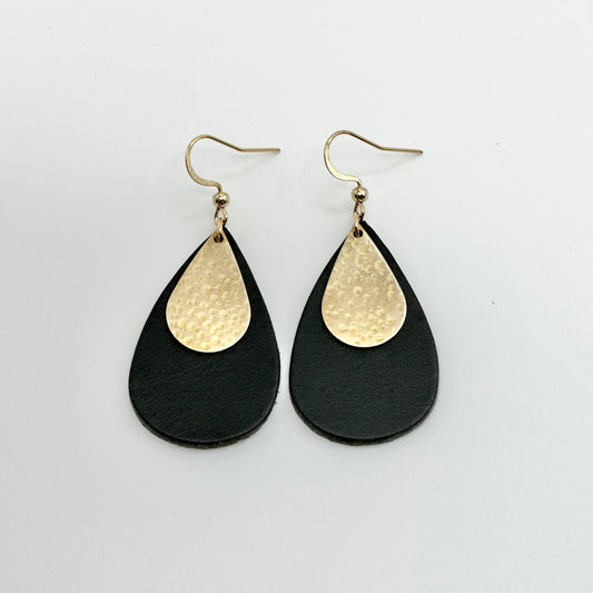 Leather Teardrop + Hammered Brass Earrings | Black