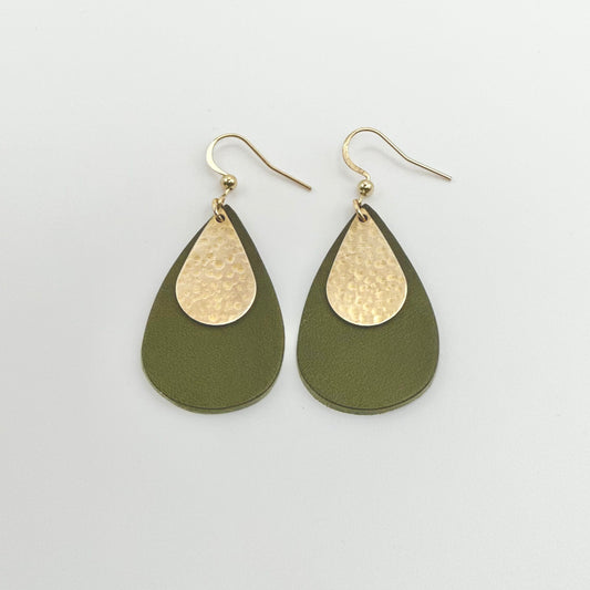 Leather Teardrop + Hammered Brass Earrings | Olive
