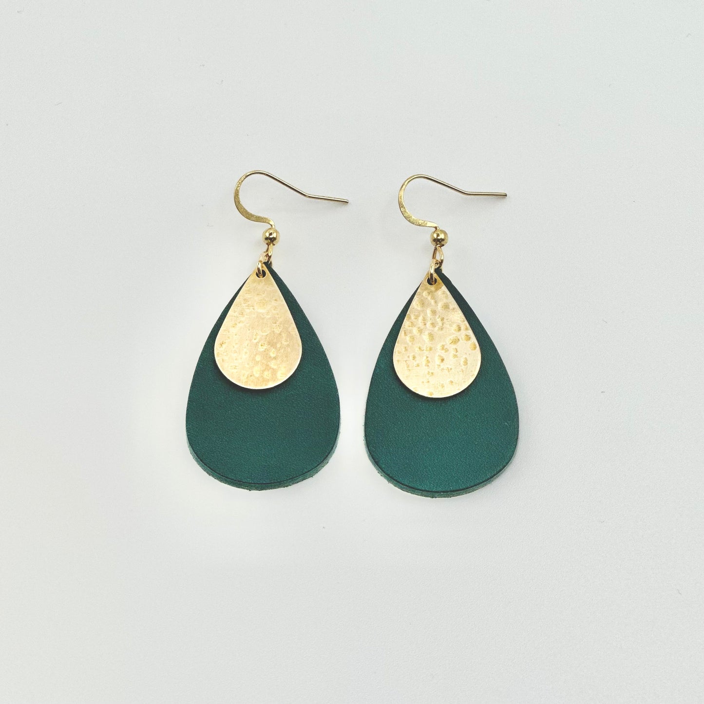 Leather Teardrop + Hammered Brass Earrings | Teal