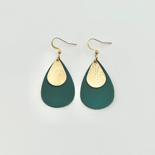 Leather Teardrop + Hammered Brass Earrings | Teal