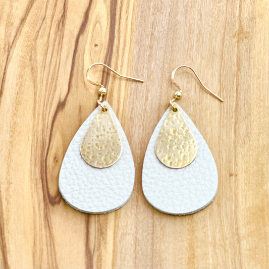 Leather Teardrop + Hammered Brass Earrings | Cream
