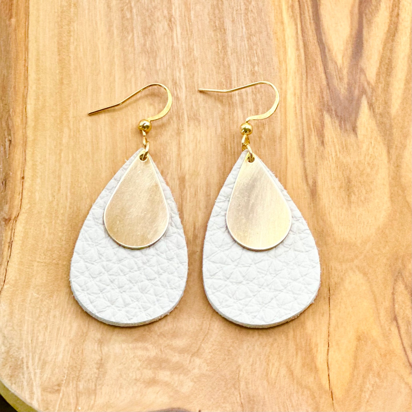 Leather Teardrop + Brass Earrings | Cream