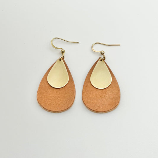 Leather Teardrop + Brass Earrings | Natural