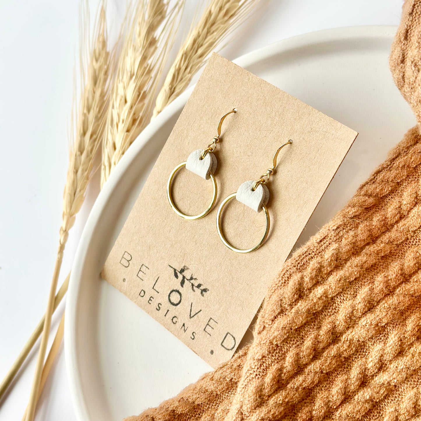 Cream Leather + Gold Hoop Earrings - Small