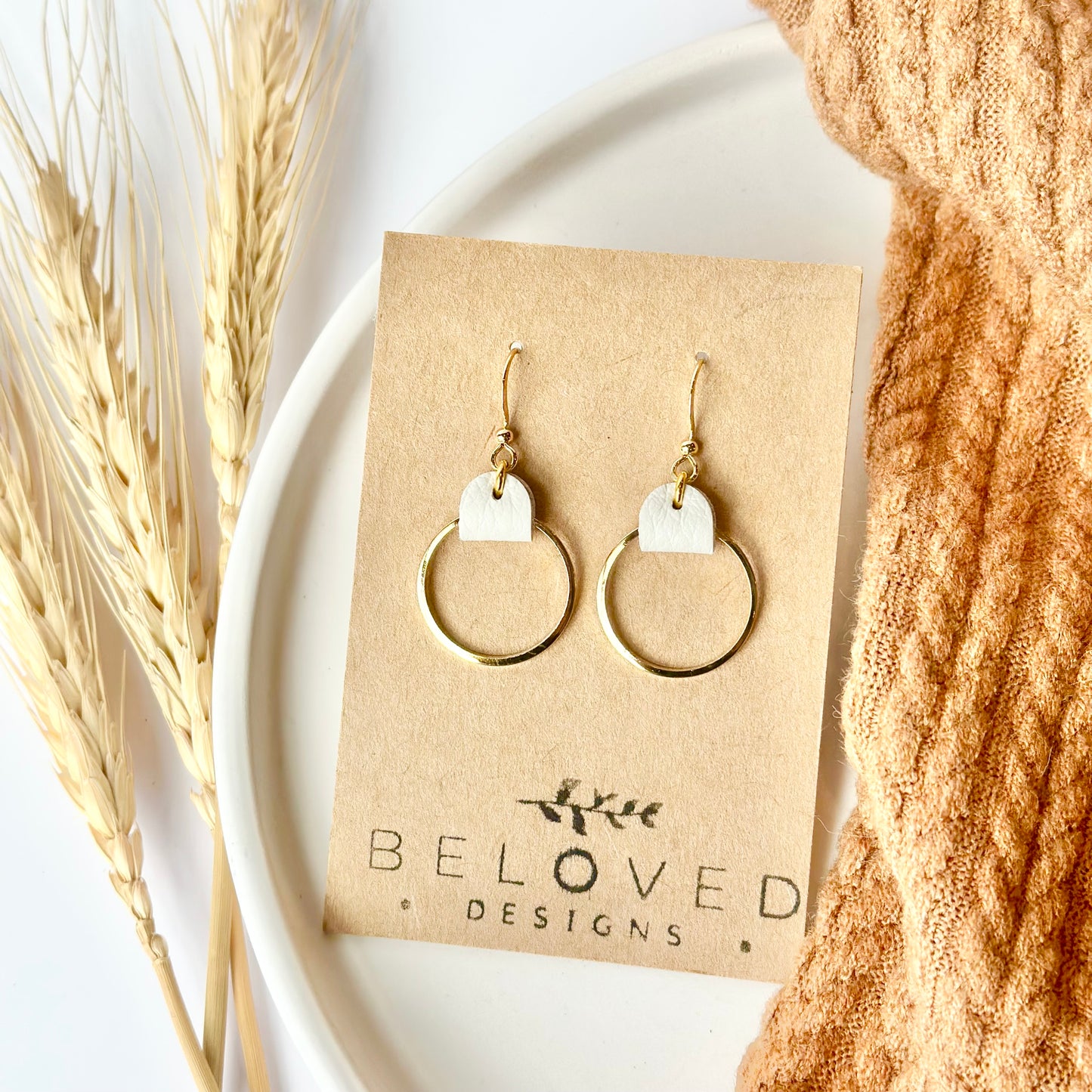 Cream Leather + Gold Hoop Earrings - Small