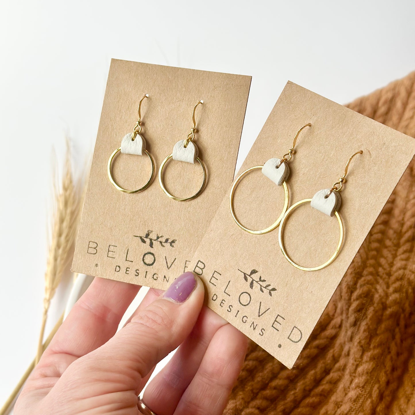 Cream Leather + Gold Hoop Earrings - Small