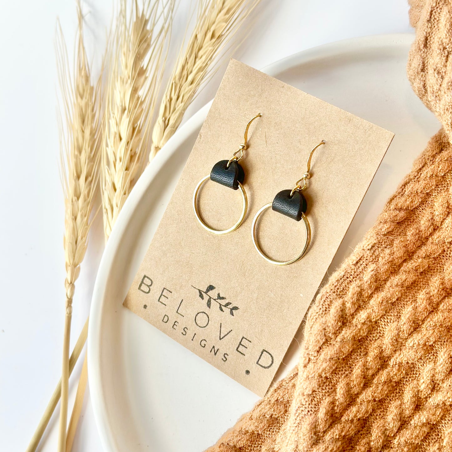 Black Leather + Gold Hoop Earrings - Small