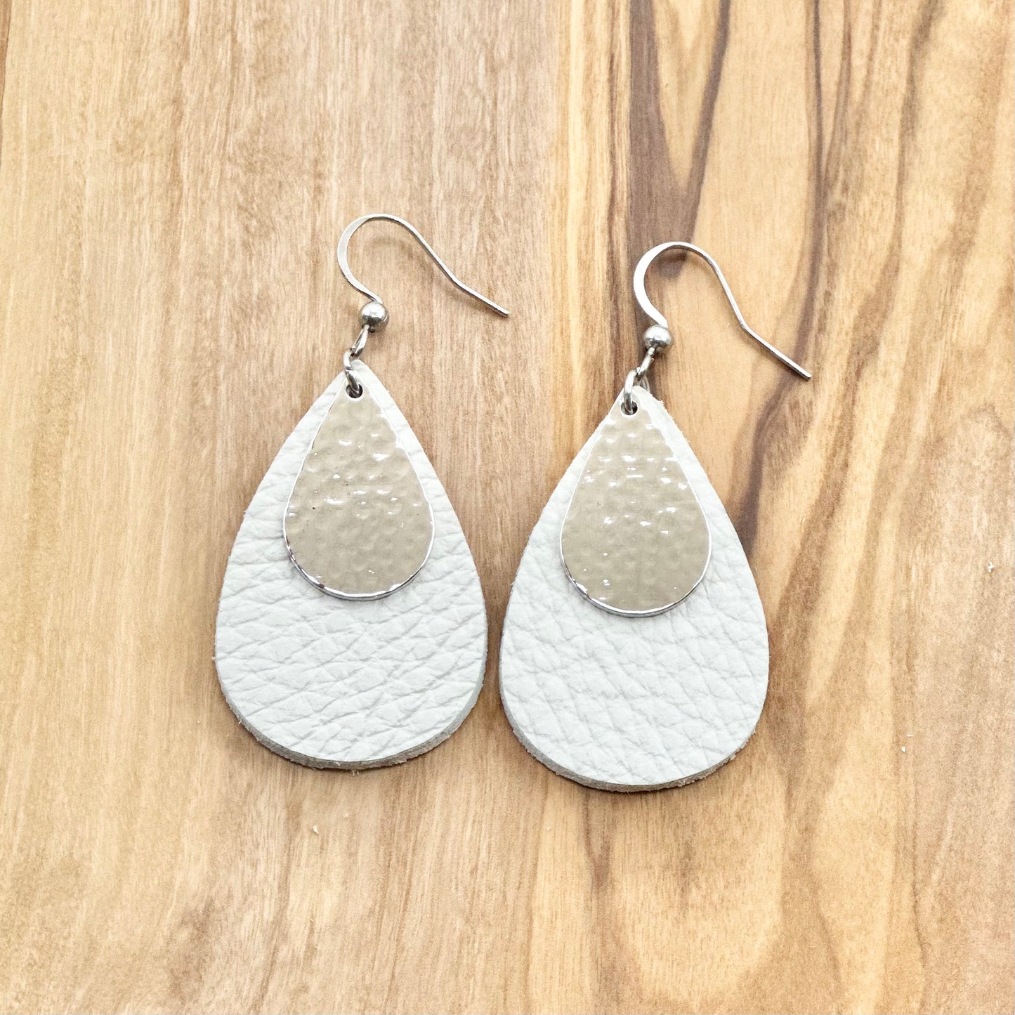 Leather Teardrop + Hammered Rhodium Earrings | White