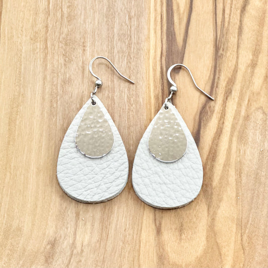 Leather Teardrop + Hammered Rhodium Earrings | White