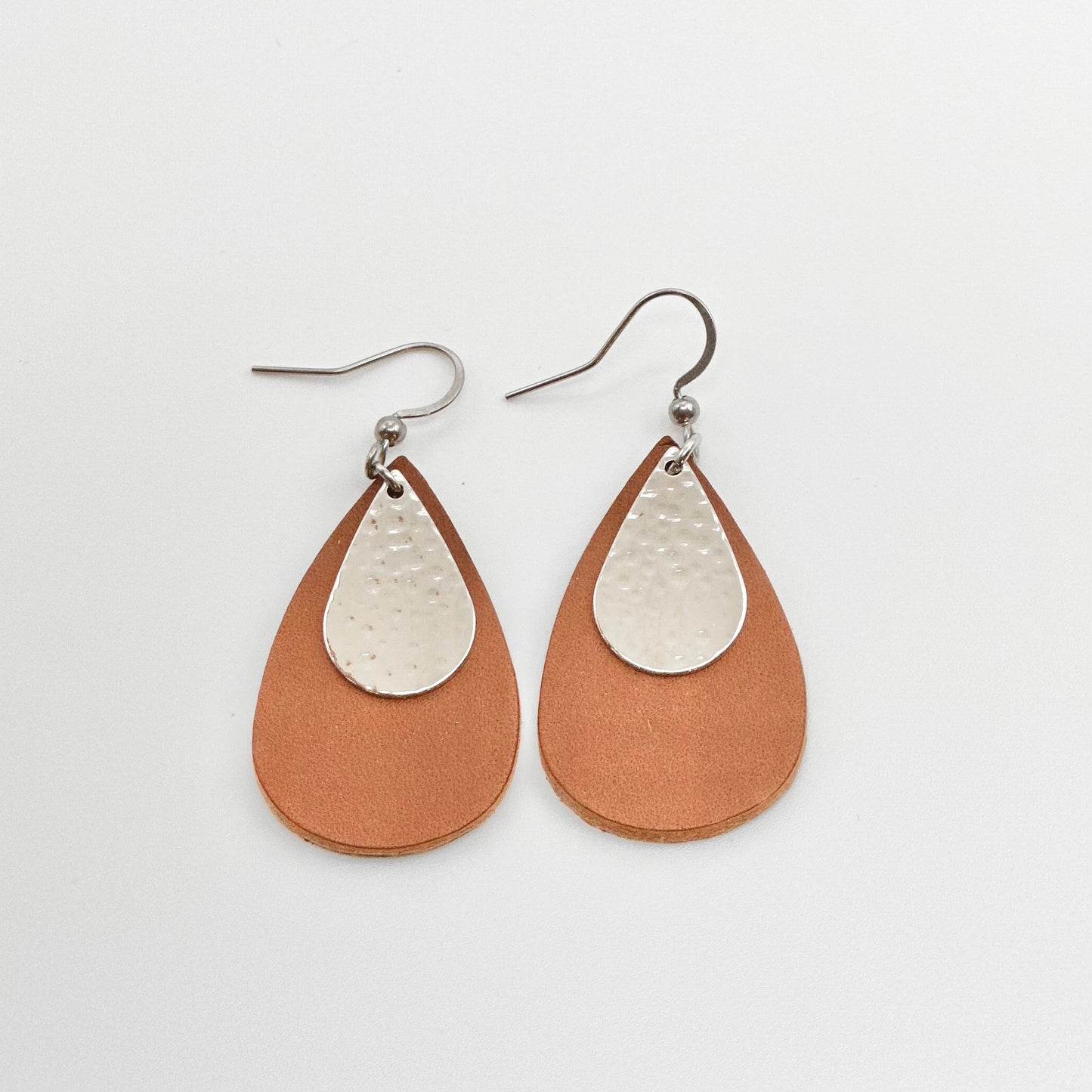 Leather Teardrop + Hammered Rhodium Earrings | Cognac