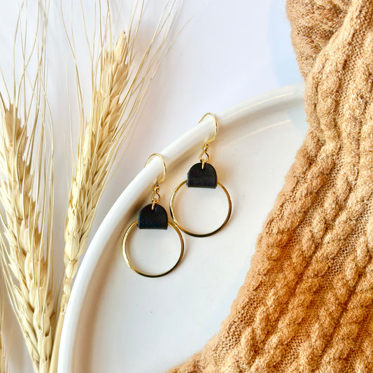 Black Leather + Gold Hoop Earrings - Small