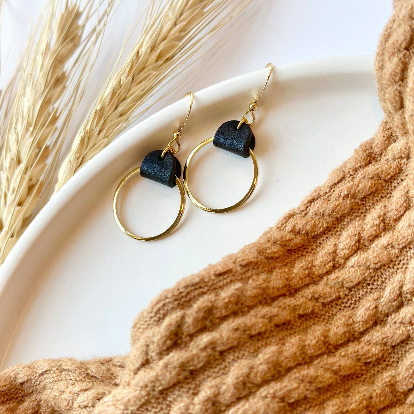 Black Leather + Gold Hoop Earrings - Small