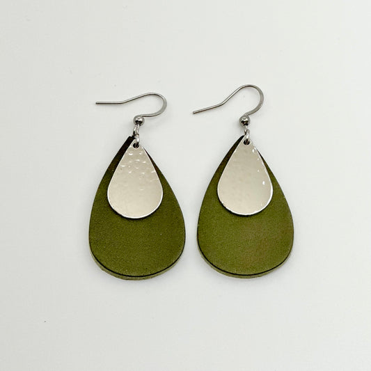 Leather Teardrop + Hammered Rhodium Earrings | Olive
