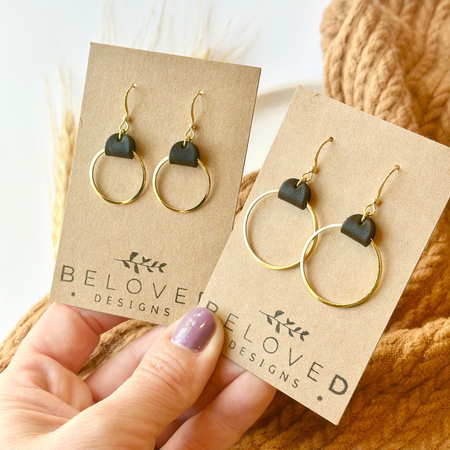 Black Leather + Gold Hoop Earrings - Small