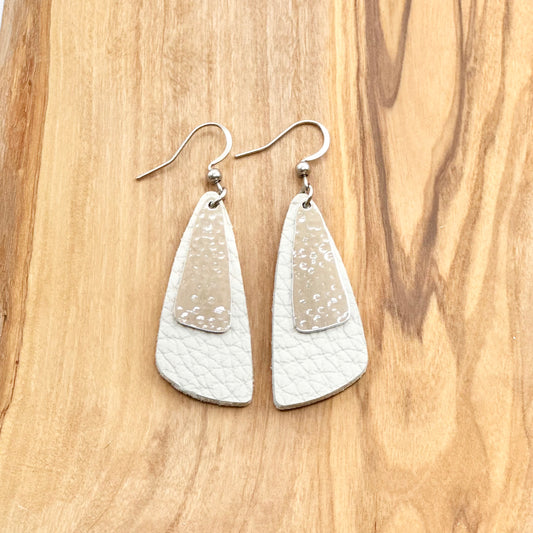 Leather Drop Leaf + Hammered Rhodium Earrings | White