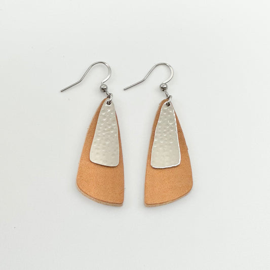 Leather Drop Leaf + Hammered Rhodium Earrings | Natural