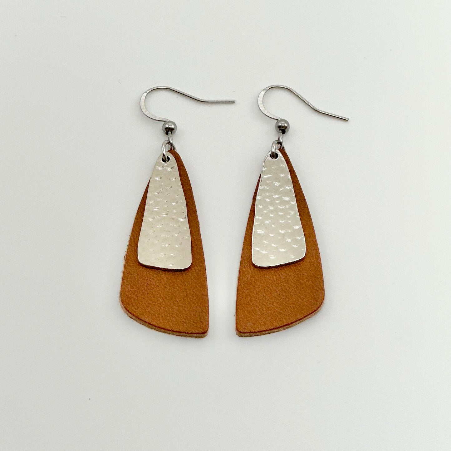 Leather Drop Leaf + Hammered Rhodium Earrings | Cognac