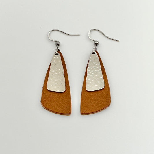 Leather Drop Leaf + Hammered Rhodium Earrings | Cognac