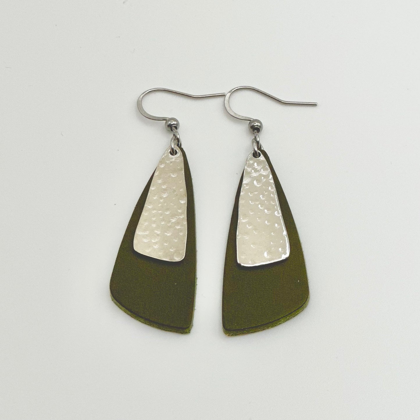 Leather Drop Leaf + Hammered Rhodium Earrings | Olive