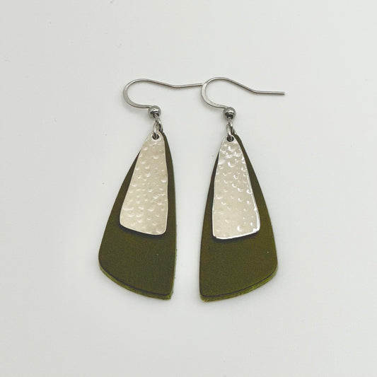 Leather Drop Leaf + Hammered Rhodium Earrings | Olive