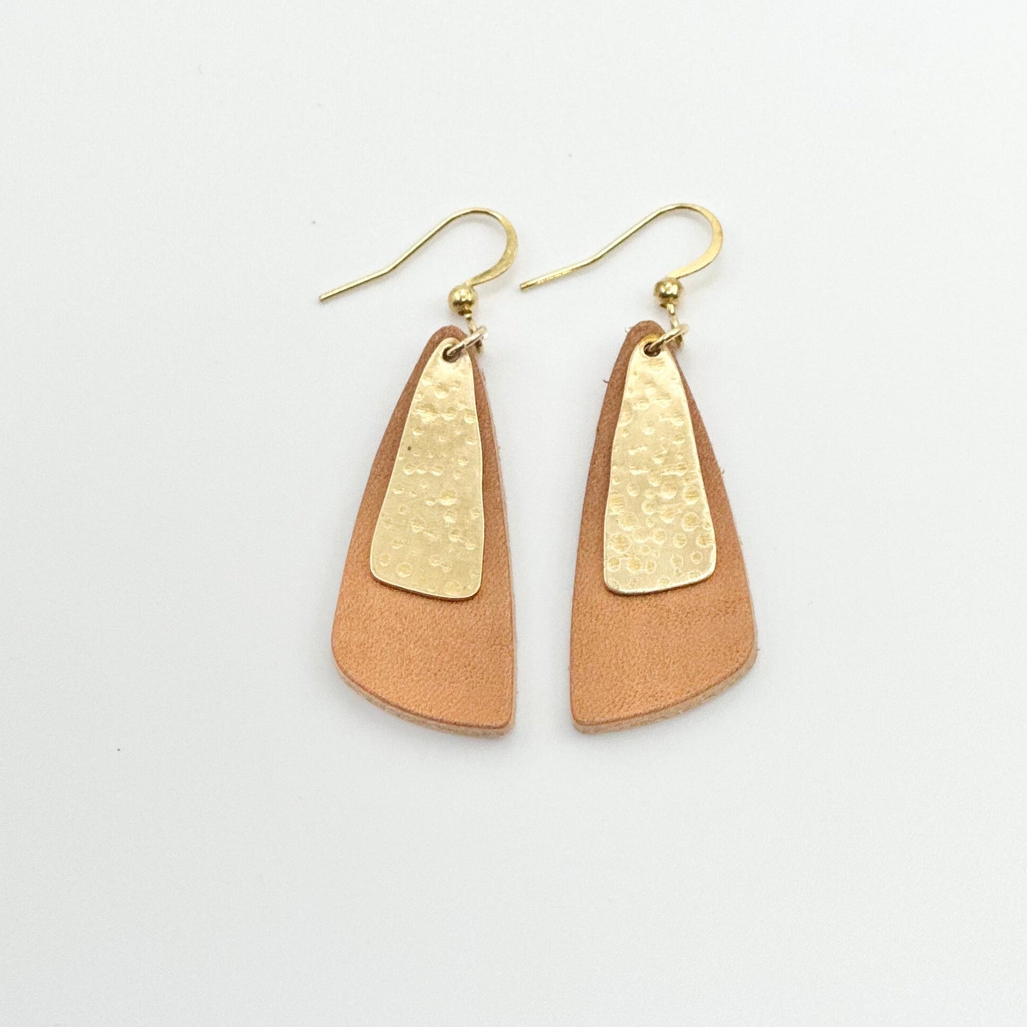Leather Drop Leaf + Hammered Brass Earrings | Natural