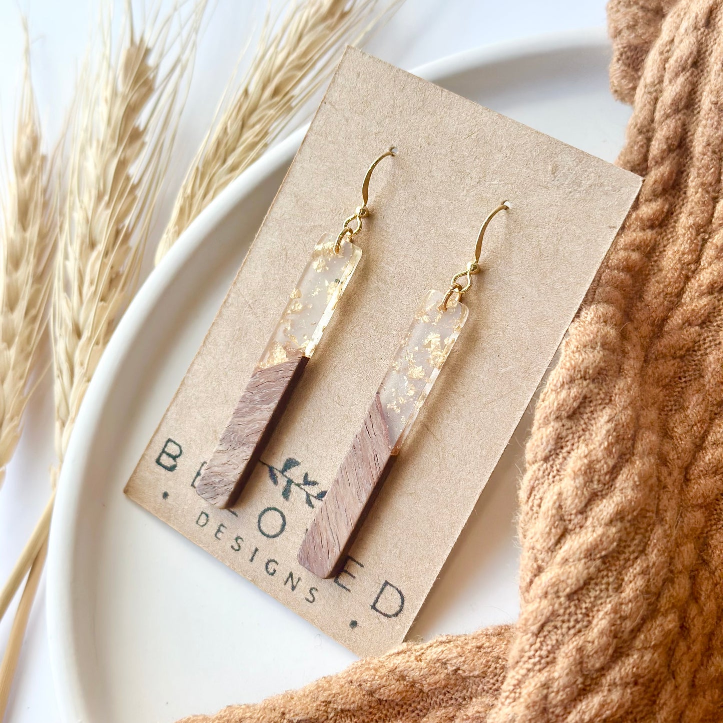 Gold Fleck Resin + Wood Bar Earrings